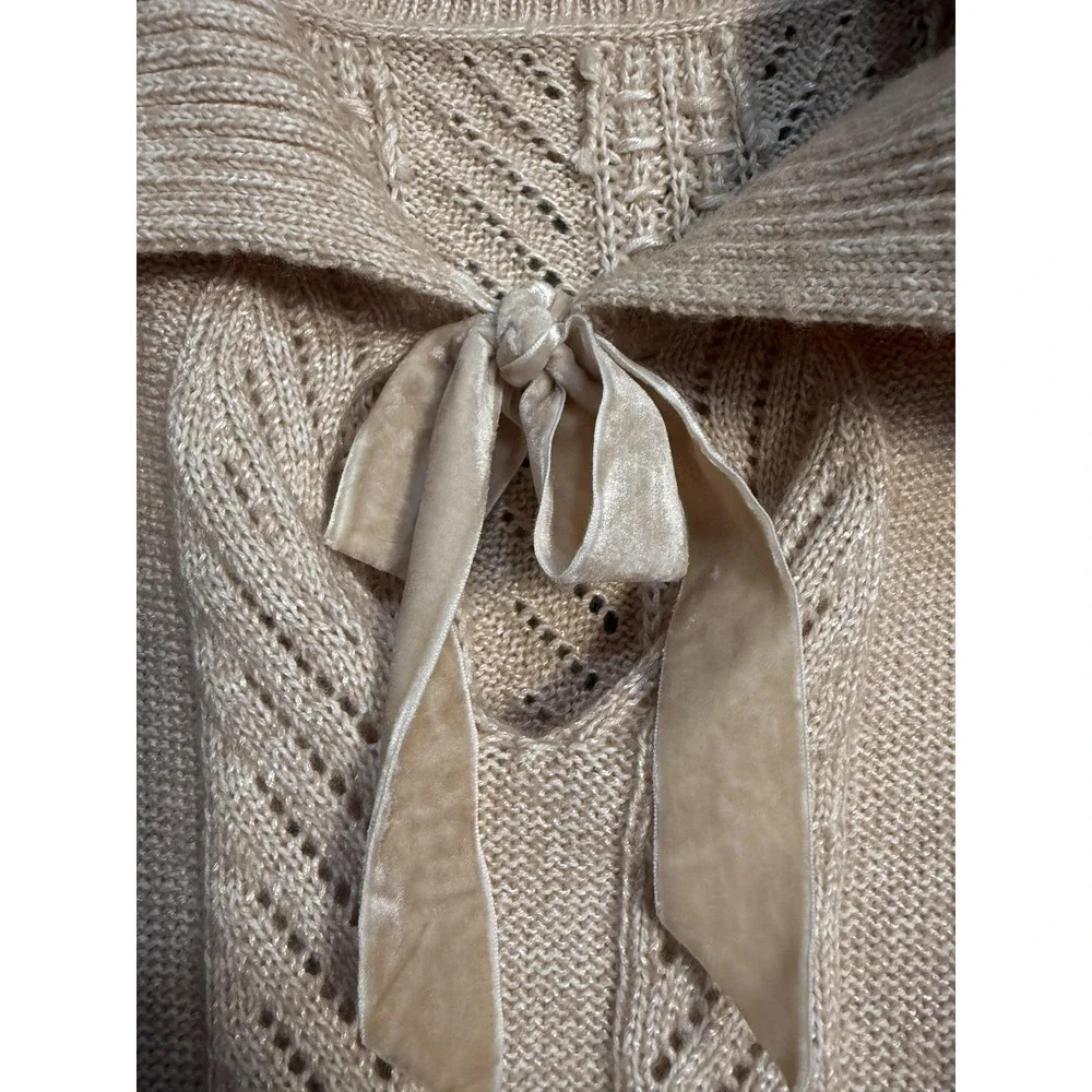 White House Black Market‎ Sweater Womens Medium Beige Cowl Neck Open Knit Bow